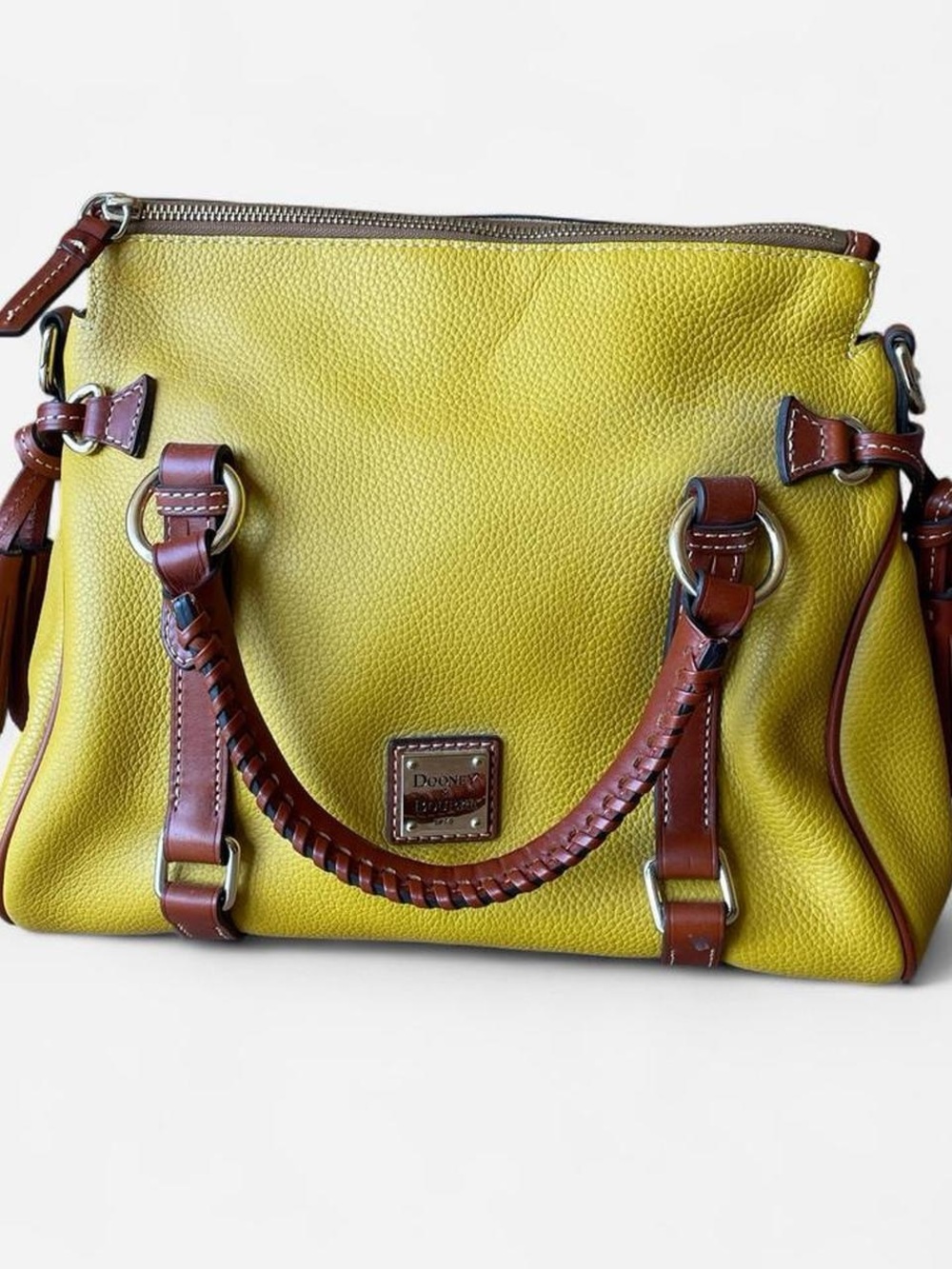 Dooney & Bourke Mustard Yellow Pebbled Leather Satchel with Brown Trim - Picture 4 of 7
